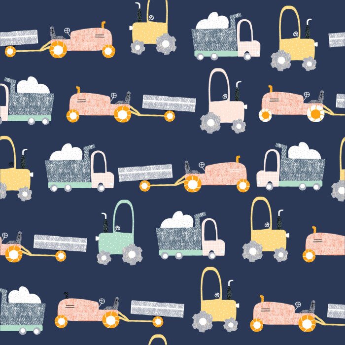 Behang Childish seamless pattern with truck and tractor. Scandinavian kids print. Vector hand drawn illustration.