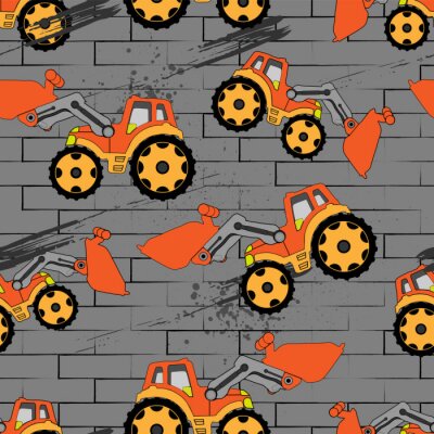 Behang Children's cartoon orange tractor with bucket on gray background. Geometric elements, brick, brush effect. Abstract seamless pattern.