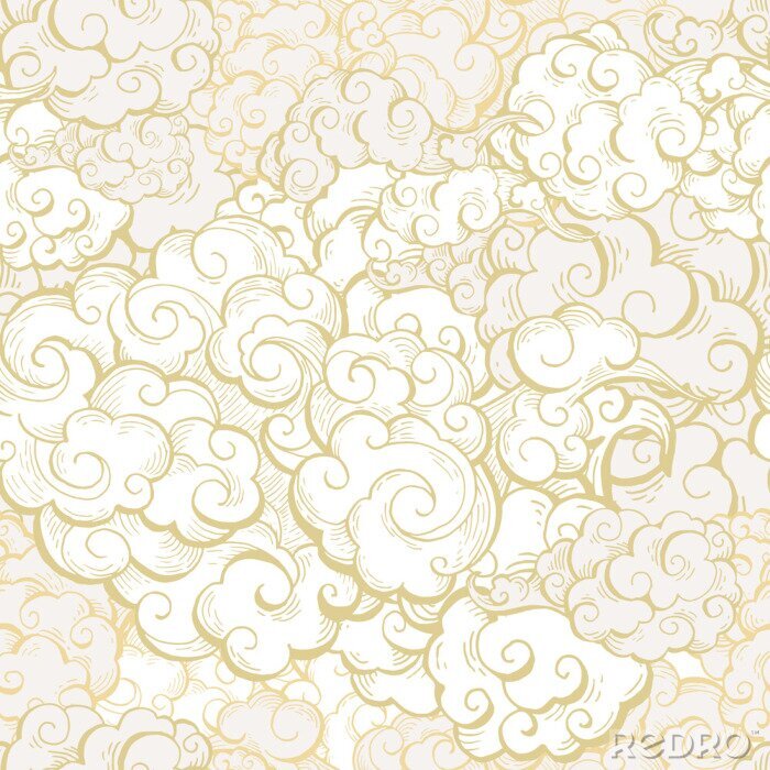 Behang Chinese clouds hand drawn vector seamless pattern. Japanese, oriental style textile ornament. Golden outline swirls, curls background. Asian traditional holidays postcard backdrop, wrapping paper