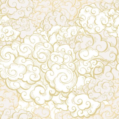 Behang Chinese clouds hand drawn vector seamless pattern. Japanese, oriental style textile ornament. Golden outline swirls, curls background. Asian traditional holidays postcard backdrop, wrapping paper