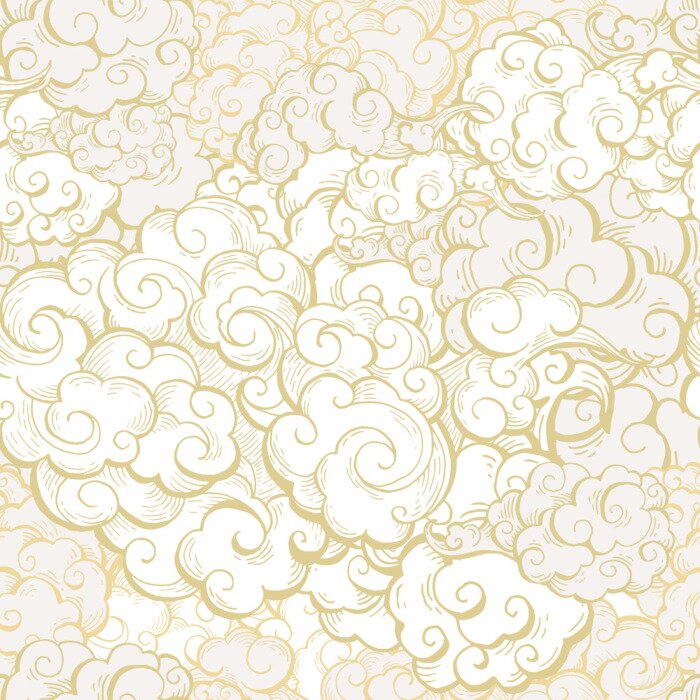 Behang Chinese clouds hand drawn vector seamless pattern. Japanese, oriental style textile ornament. Golden outline swirls, curls background. Asian traditional holidays postcard backdrop, wrapping paper