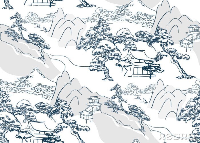 Behang chinese lanscape japanese vector pattern oriental mountais seamless