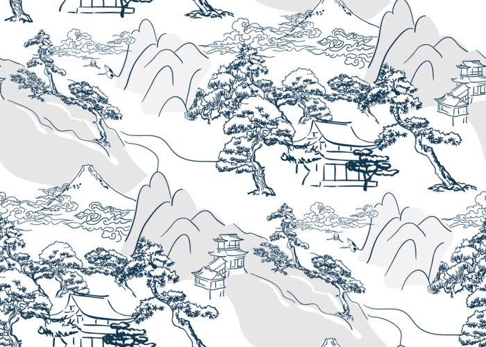 Behang chinese lanscape japanese vector pattern oriental mountais seamless