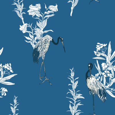 Behang Chinoiserie-motief met kraanvogels