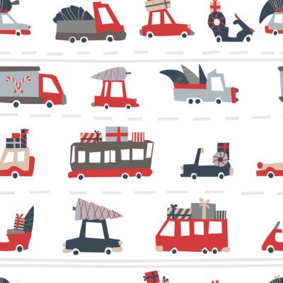 Behang Christmas cars pattern. Childish vector seamless pattern of holiday roads in Scandinavian style. Moboes, buses, trucks with gifts