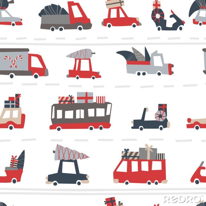 Behang Christmas cars pattern. Childish vector seamless pattern of holiday roads in Scandinavian style. Moboes, buses, trucks with gifts