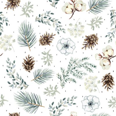 Behang Christmas seamless pattern, cones, flowers, green pine twigs, white background. Vector illustration. Nature design. Season greeting. Winter Xmas holidays