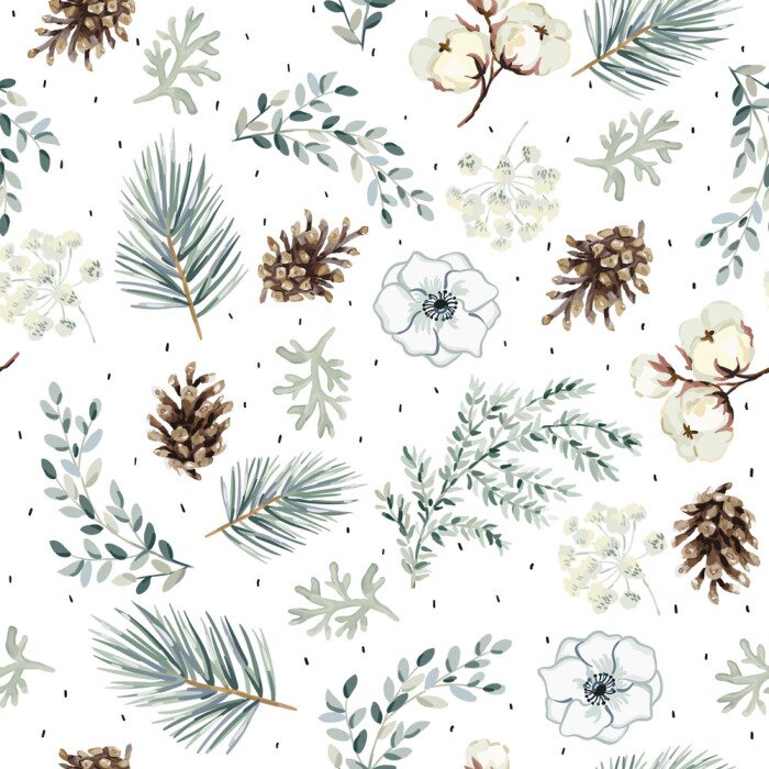 Behang Christmas seamless pattern, cones, flowers, green pine twigs, white background. Vector illustration. Nature design. Season greeting. Winter Xmas holidays
