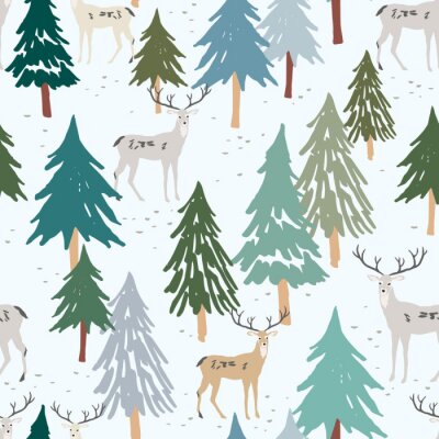 Christmas seamless pattern, white background. Forest deer, green fir, spruce trees. Vector illustration. Nature design. Season greeting digital paper. Winter Xmas holidays. Cute woodland animals