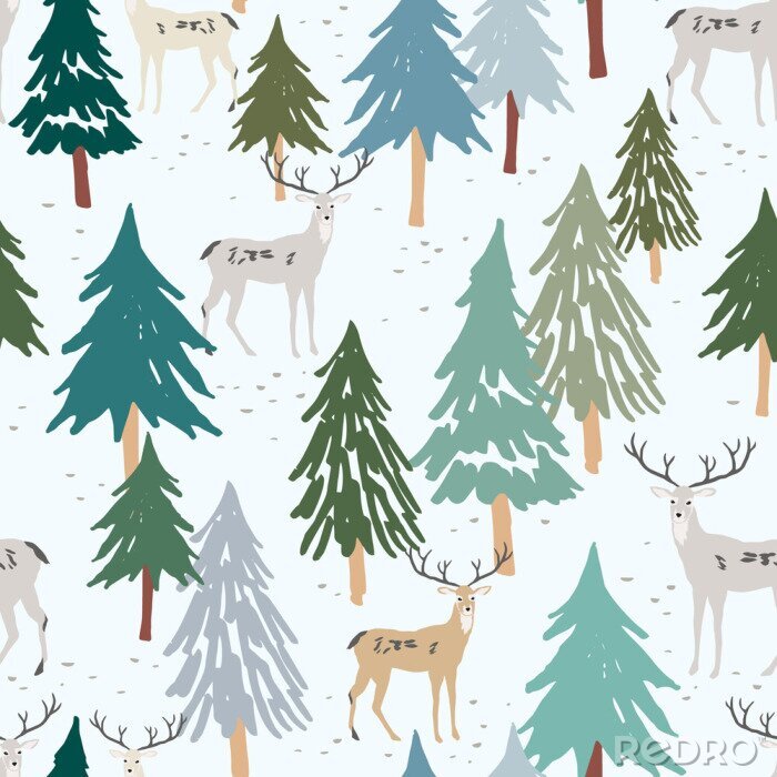 Behang Christmas seamless pattern, white background. Forest deer, green fir, spruce trees. Vector illustration. Nature design. Season greeting digital paper. Winter Xmas holidays. Cute woodland animals