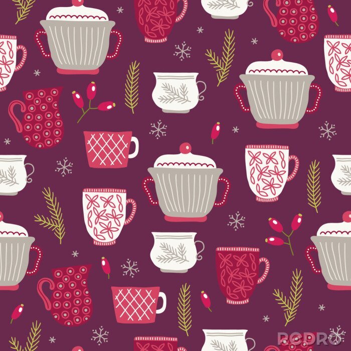 Behang Christmas seamless pattern with cups, fir branches, berries, snowflake, barberry