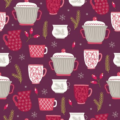 Behang Christmas seamless pattern with cups, fir branches, berries, snowflake, barberry
