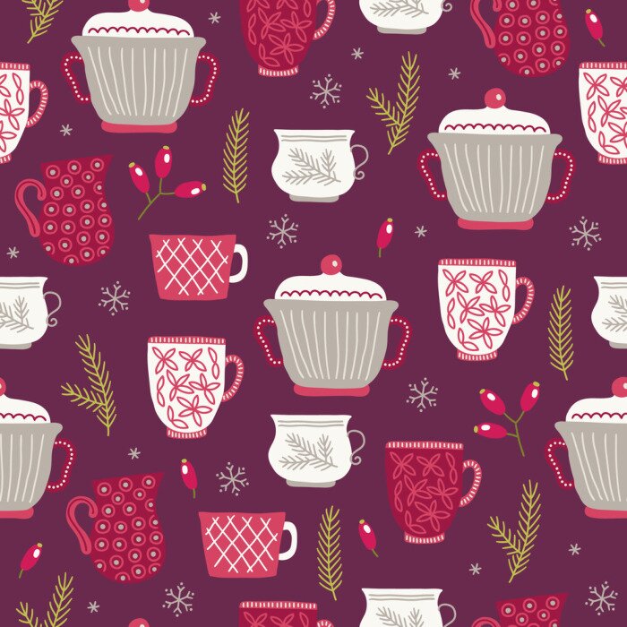 Behang Christmas seamless pattern with cups, fir branches, berries, snowflake, barberry