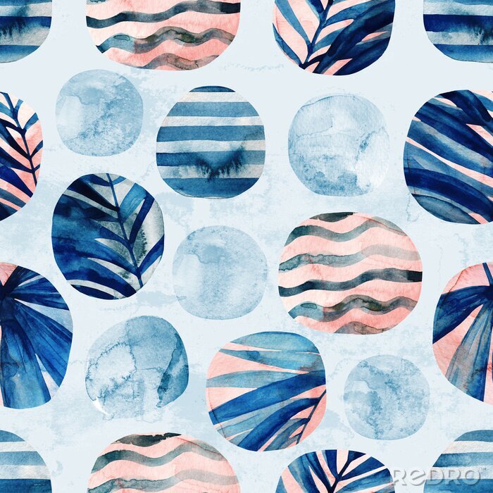 Behang Circles with palm leaves, waves, stripes and water color marble, grained, grunge, paper textures