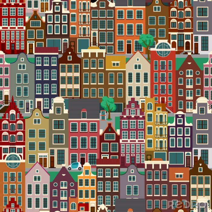 Behang City streets with old buildings, seamless pattern