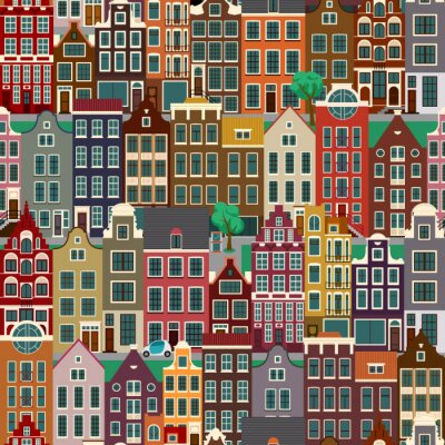 Behang City streets with old buildings, seamless pattern
