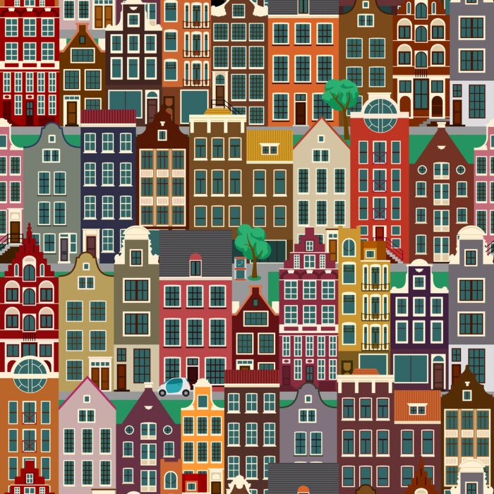 Behang City streets with old buildings, seamless pattern