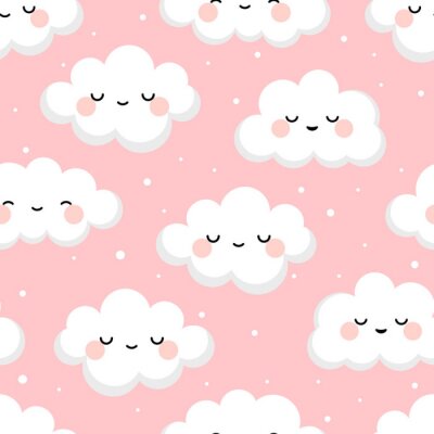 Behang Cloud cute smiling face seamless pattern background with star glow, green repeating vector illustration