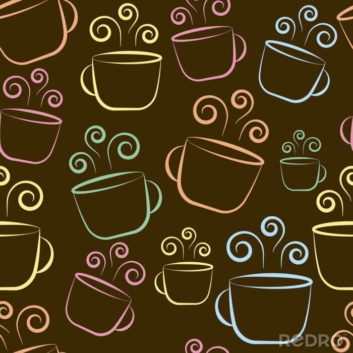 Behang Coffee cup colorful seamless pattern on brown background