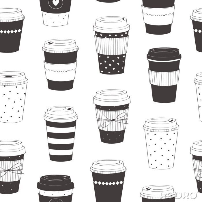 Behang Coffee cup pattern. Vector seamless pattern with various disposable cups of coffee to go. Hand drawn doodle background