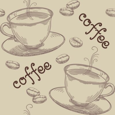 Behang Coffee pattern. Vector seamless  pattern with coffee beans and caps at hand drawning style