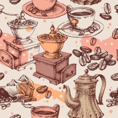 Behang Coffee seamless pattern, coffee mill, kettle and other vintage coffee making items