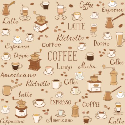 Behang Coffee seamless pattern. Drawings of cups, coffee grinders and inscriptions. The inscription latte, espresso, ristretto and americano. Decoration for wrappers, menus, wallpapers and kitchen