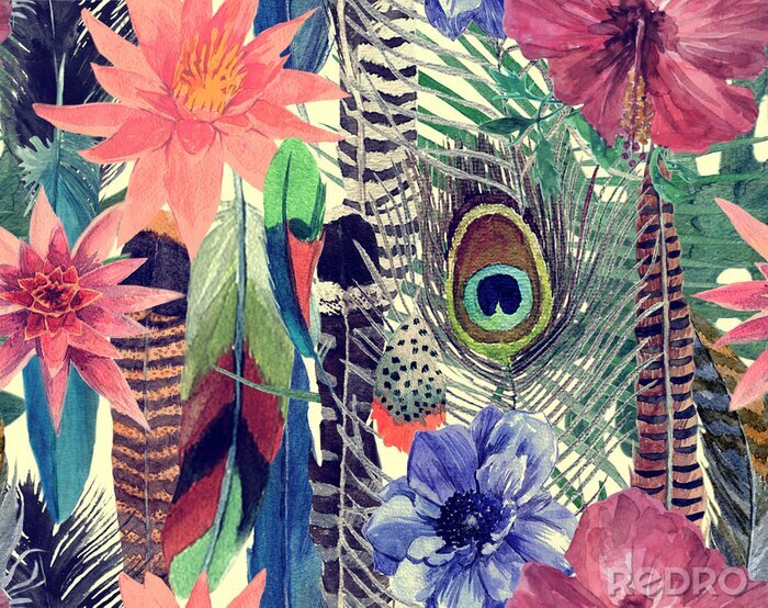 Behang Collage met een pauwenveer