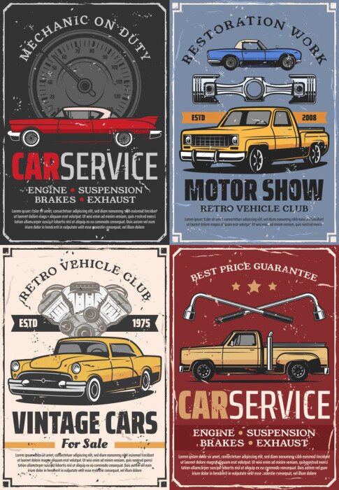 Behang Collage van advertenties voor autoreparatiewerkplaatsen