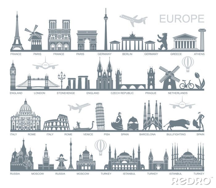 Behang Collectie van Europa gedetailleerde silhouetten. Stel reisoriëntatiepunten in. vector illustratie