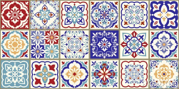Behang Collection of 18 ceramic tiles in turkish style. Seamless colorful patchwork from Azulejo tiles. Portuguese and Spain decor. Islam, Arabic, Indian, Ottoman motif. Vector Hand drawn background
