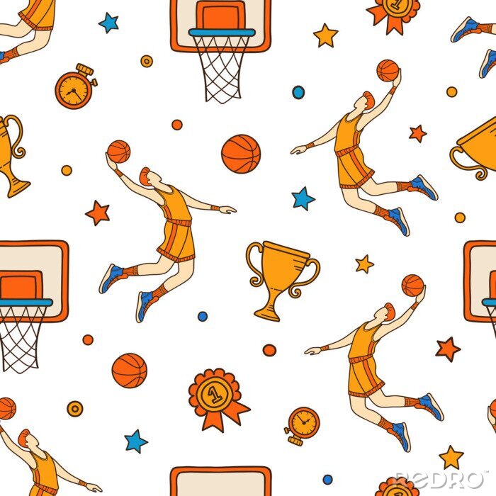 Behang Colored seamless pattern of hand drawn basketball objects and symbols. Basketball doodle concept.