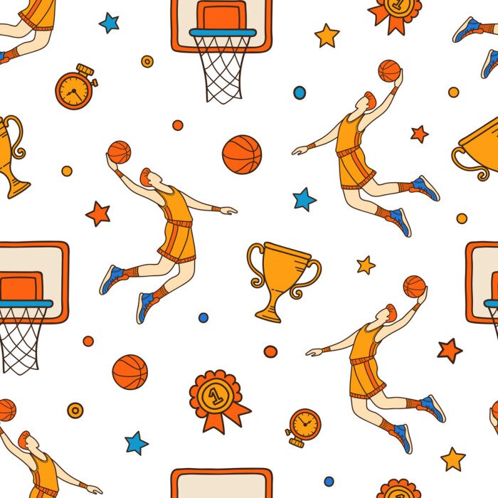 Behang Colored seamless pattern of hand drawn basketball objects and symbols. Basketball doodle concept.