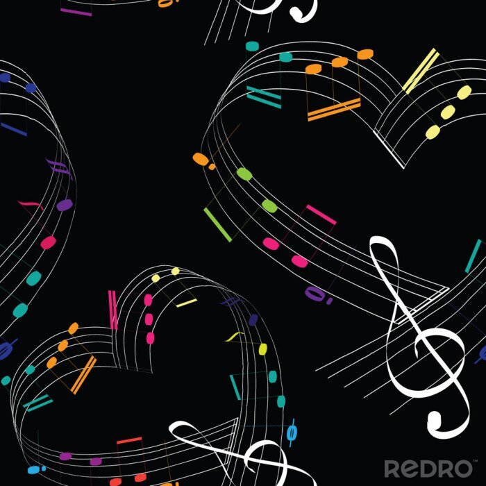 Behang Colorful music notes in the shape of the heart.  Seamless pattern. Vector illustration of hearts with colorful music notes on black background.