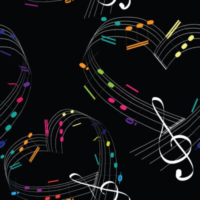Behang Colorful music notes in the shape of the heart.  Seamless pattern. Vector illustration of hearts with colorful music notes on black background.