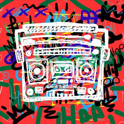 Colorful poster with sketch of cassette recorder on background with text Hip Hop, crowns and abstract elements. Drawn by hand. Vector illustration.