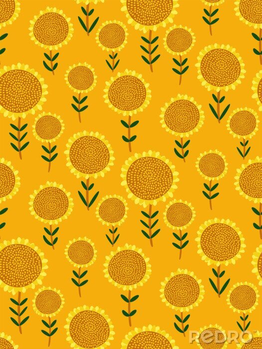 Behang Colorful seamless pattern with small hand drawn sunflowers on bright yellow background. Cute floral print, abstract Botanical texture, Wallpaper, fabric, wrapping paper... Vector illustration.