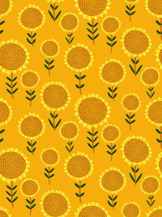 Behang Colorful seamless pattern with small hand drawn sunflowers on bright yellow background. Cute floral print, abstract Botanical texture, Wallpaper, fabric, wrapping paper... Vector illustration.