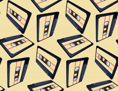 Behang Compact cassette naadloos patroon met drijvende of vliegende band in perspectiefmening