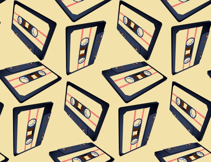 Behang Compact cassette naadloos patroon met drijvende of vliegende band in perspectiefmening