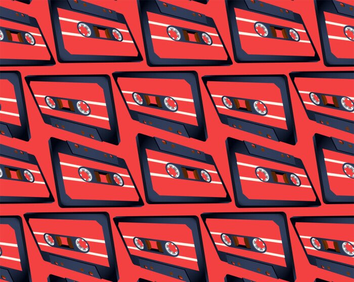 Behang Compact cassette naadloos patroon met drijvende of vliegende band in perspectiefmening