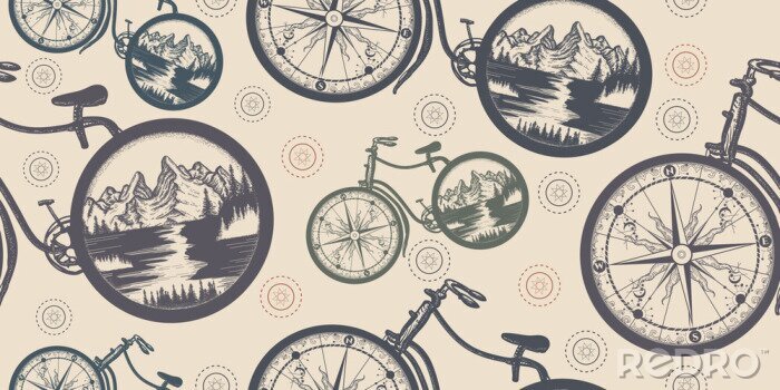 Behang Compass and mountains in bicycle wheels. Seamless pattern. Packing old paper, scrapbooking style. Vintage background. Medieval manuscript, engraving art. Symbol of travel, tourism, adventure