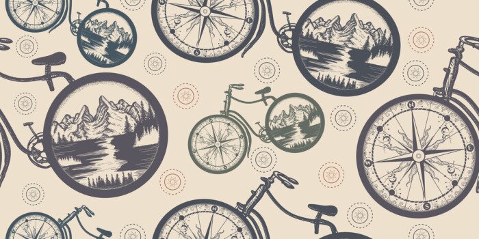 Behang Compass and mountains in bicycle wheels. Seamless pattern. Packing old paper, scrapbooking style. Vintage background. Medieval manuscript, engraving art. Symbol of travel, tourism, adventure