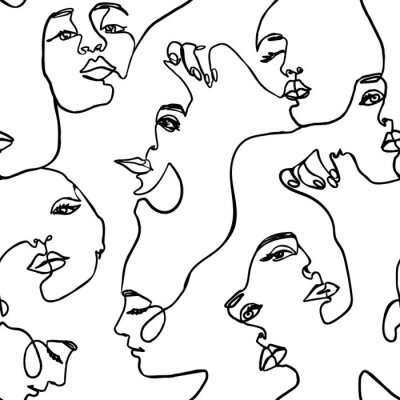 Behang Continuous line face women seamless pattern - Vector Endless Background Fashion Female Portrait one line