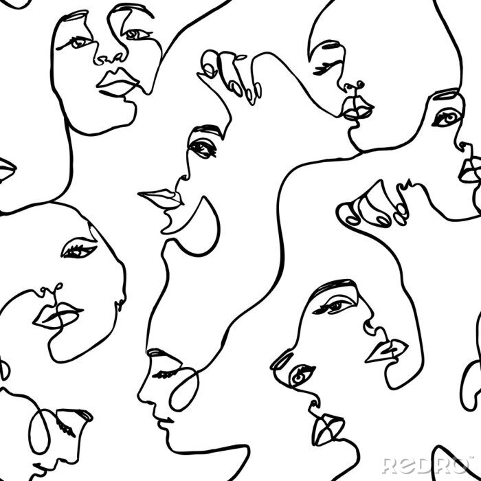 Behang Continuous line face women seamless pattern - Vector Endless Background Fashion Female Portrait one line