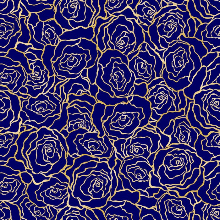 Behang Contrasterende contouren van rozen op een donkerblauwe achtergrond