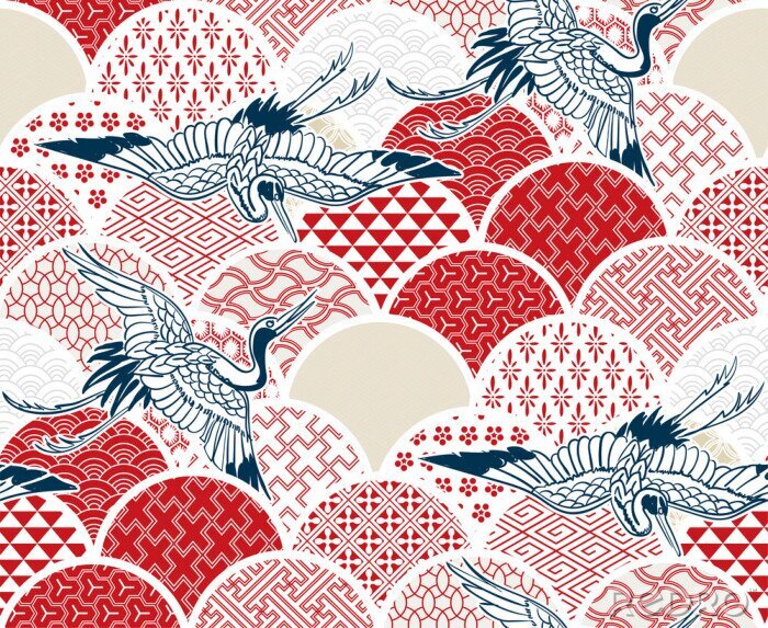 Behang crane bird traditional kimono pattern vector sketch illustration line art japanese chinese oriental design