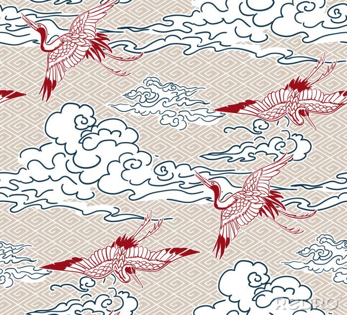Behang crane birds sky cloud japanese chinese vector design pattern