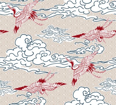 Behang crane birds sky cloud japanese chinese vector design pattern
