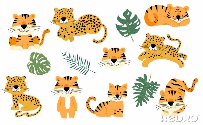 Behang Cute animal object collection with leopard,tiger. illustration for icon,logo,sticker,printable